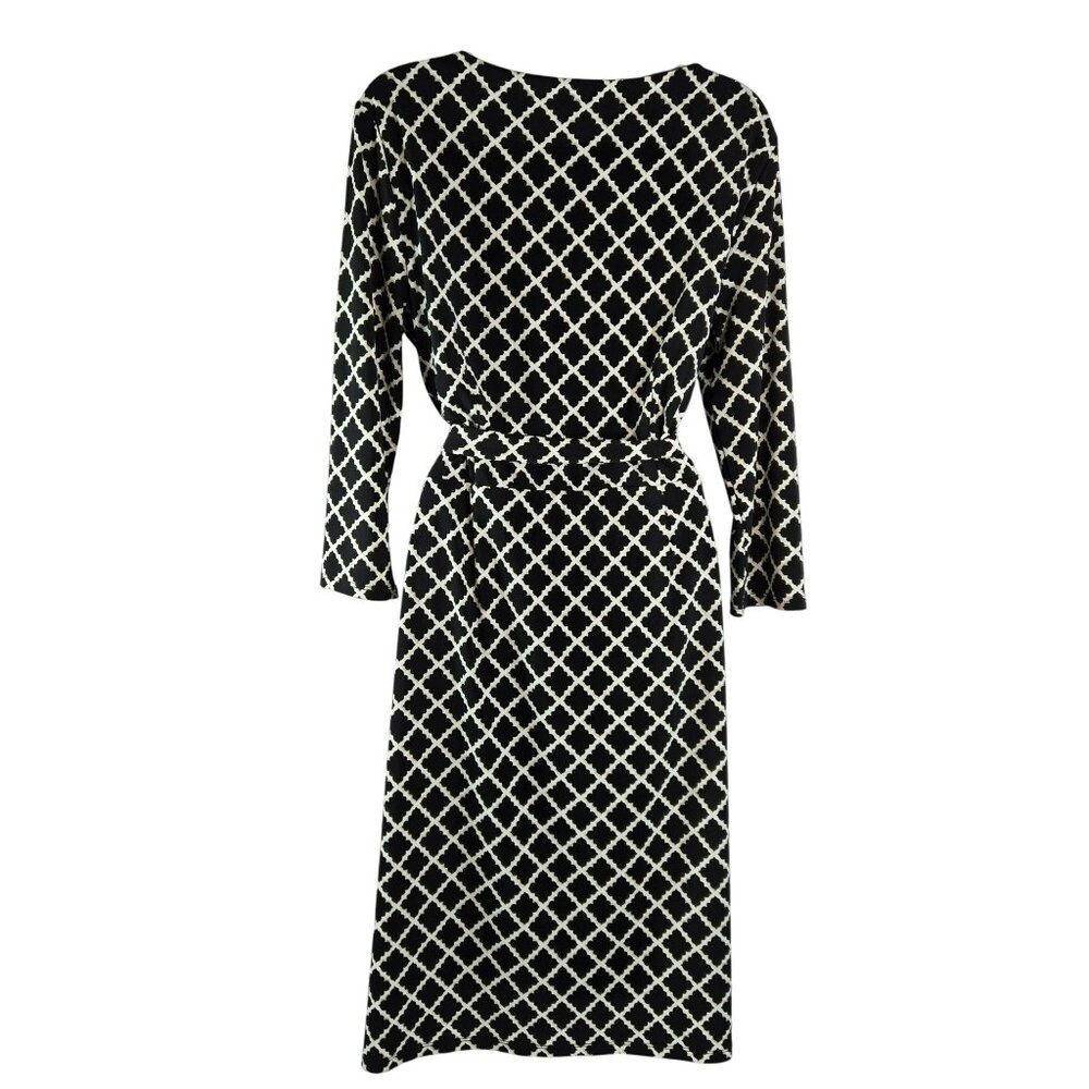 White House Black Market Geometric Faux Wrap Dress Sz 8 Belted Stretch Lined - Picture 3 of 11